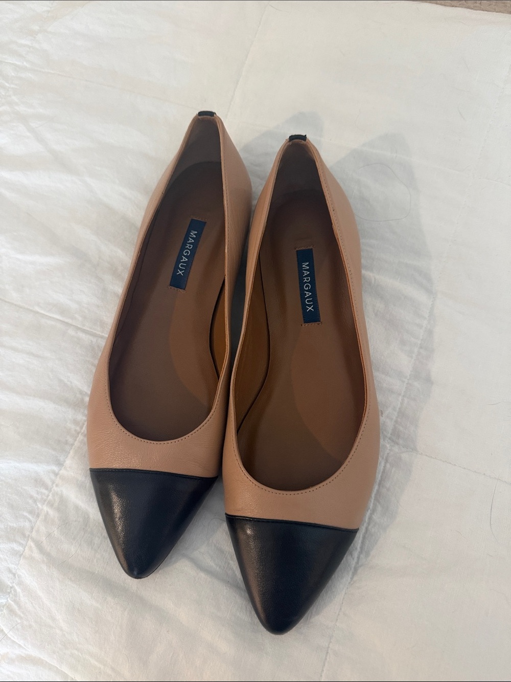 Margaux Pointed Two-Tone Flats in Tan and Black